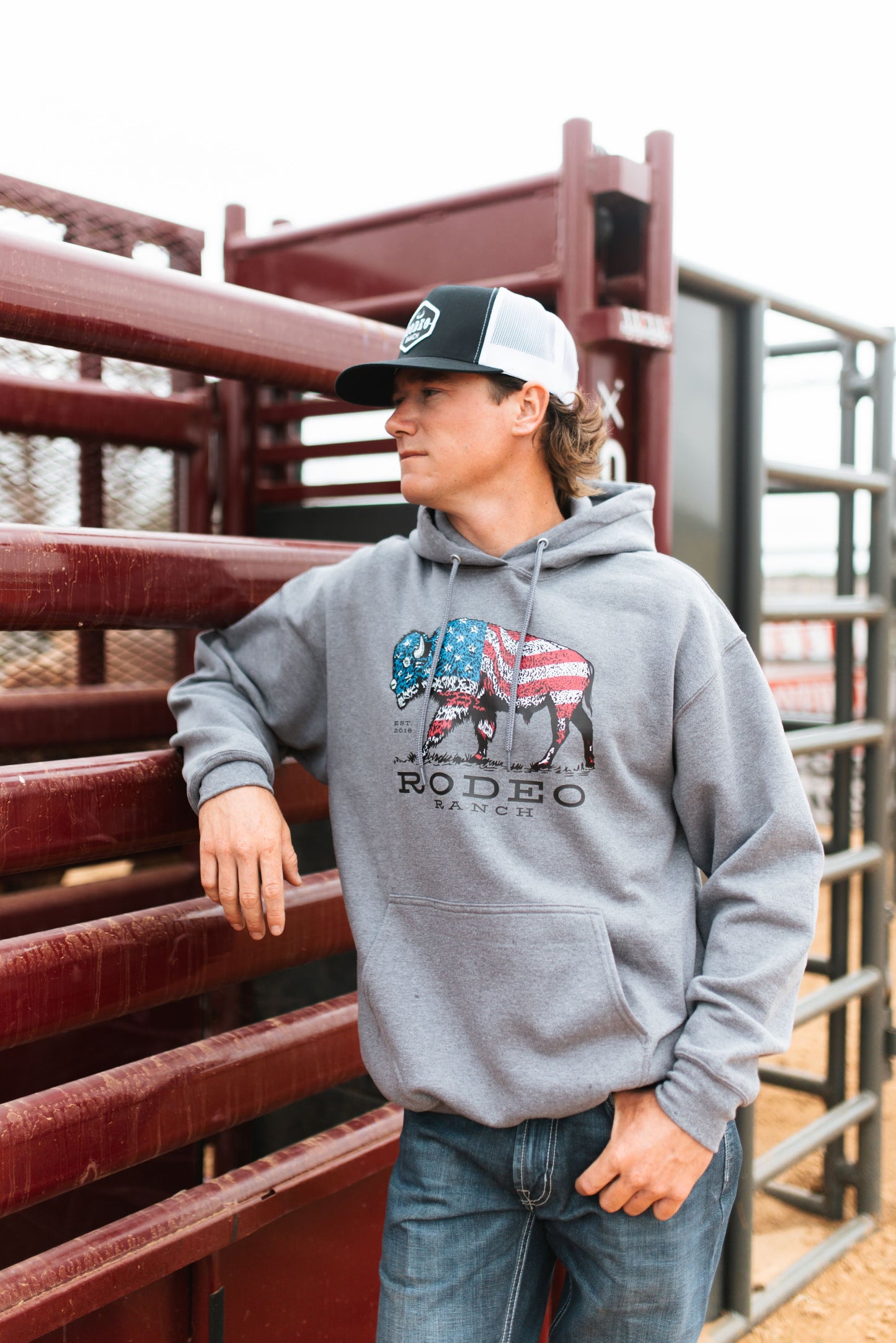 Rodeo Ranch Full Color American Buffalo Men's Hoodie Sweatshirt - Heather Grey