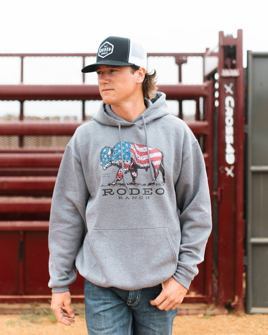 Rodeo Ranch Full Color American Buffalo Men's Hoodie Sweatshirt - Heather Grey