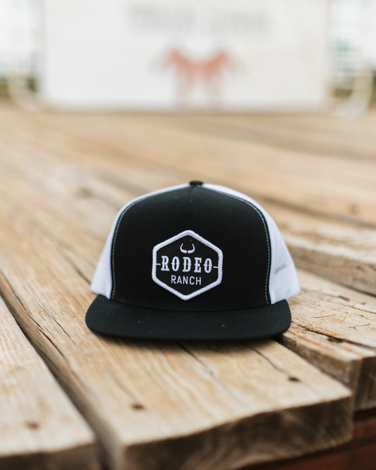 Rodeo Ranch Classic Logo 5 Panel Flat Brim Hat - Black and White