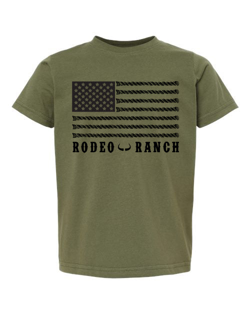 Rodeo Ranch Kids Rope Flag Front Short Sleeve Shirt - Military Green
